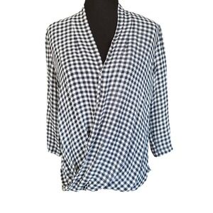 Babaton 100% Silk Gingham Check Wrap-Style Blouse, Navy & White, Large, Corpcore